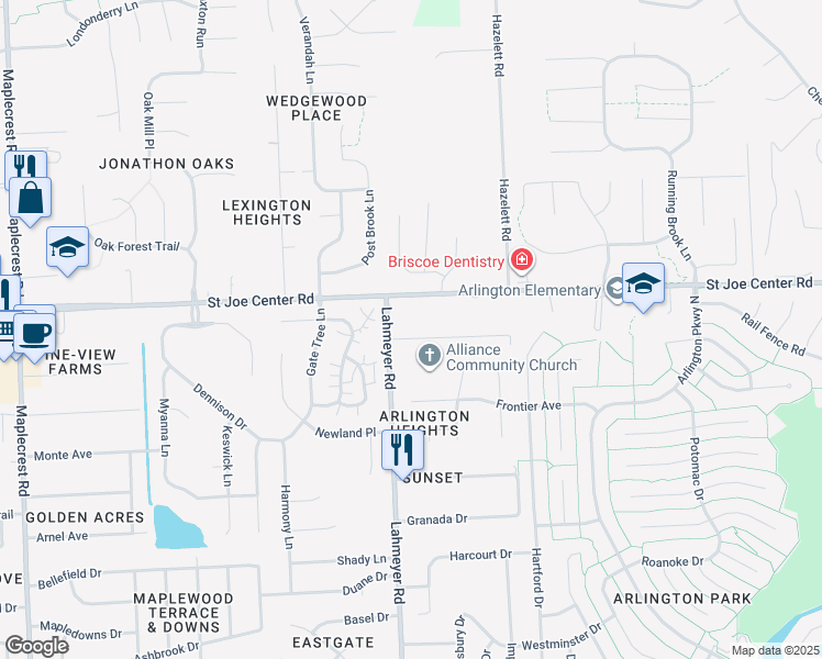 map of restaurants, bars, coffee shops, grocery stores, and more near 7427 Diane Drive in Fort Wayne