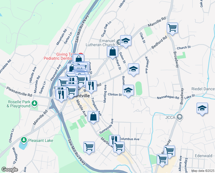map of restaurants, bars, coffee shops, grocery stores, and more near 17 Martling Avenue in Pleasantville