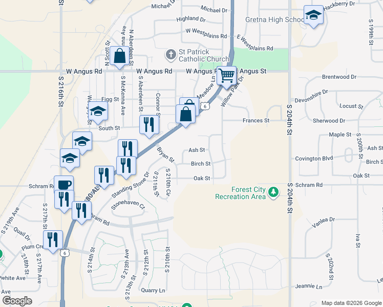 map of restaurants, bars, coffee shops, grocery stores, and more near 20921 Ash Street in Gretna