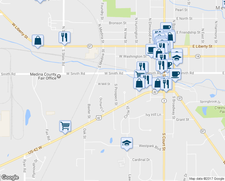 map of restaurants, bars, coffee shops, grocery stores, and more near 361 South Prospect Street in Medina