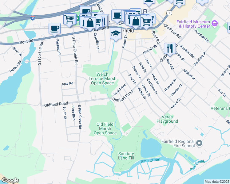 map of restaurants, bars, coffee shops, grocery stores, and more near 114 Gould Avenue in Fairfield