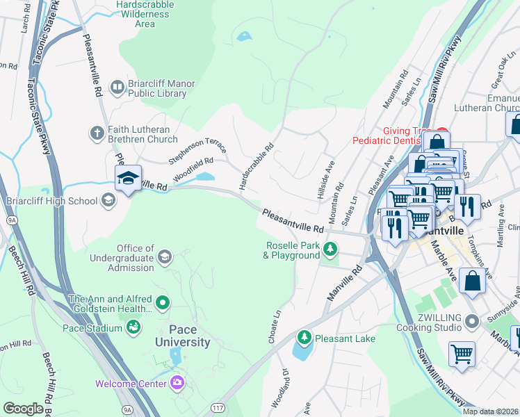 map of restaurants, bars, coffee shops, grocery stores, and more near 265 Pleasantville Road in Pleasantville