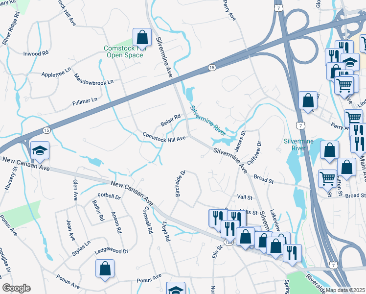 map of restaurants, bars, coffee shops, grocery stores, and more near 5 Comstock Hill Avenue in Norwalk