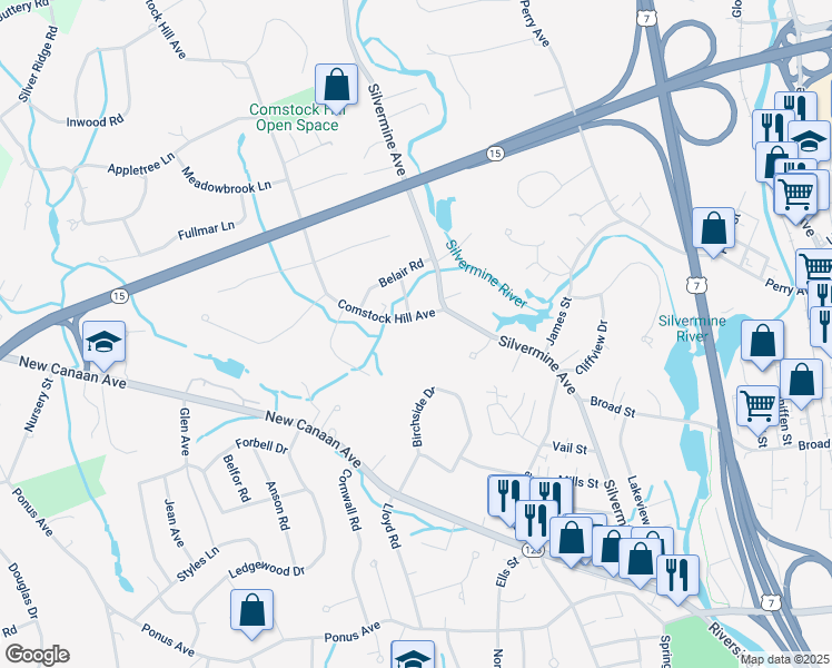 map of restaurants, bars, coffee shops, grocery stores, and more near 5 Comstock Hill Avenue in Norwalk