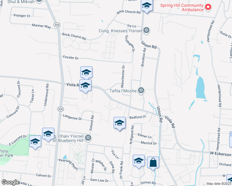 map of restaurants, bars, coffee shops, grocery stores, and more near 440 Viola Road in Spring Valley
