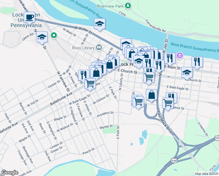 map of restaurants, bars, coffee shops, grocery stores, and more near 46 West Bald Eagle Street in Lock Haven