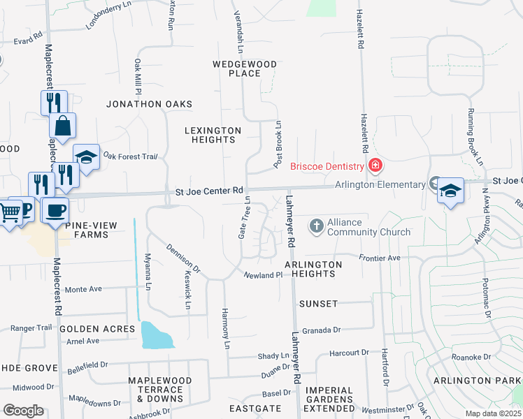 map of restaurants, bars, coffee shops, grocery stores, and more near 5728 Gate Tree Lane in Fort Wayne