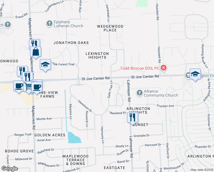 map of restaurants, bars, coffee shops, grocery stores, and more near 7114 Grayling Place in Fort Wayne