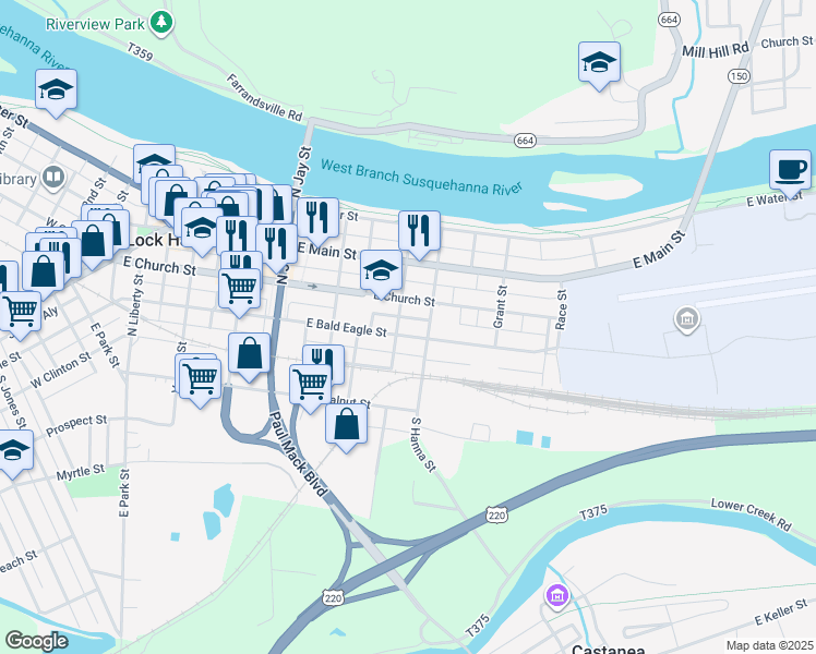 map of restaurants, bars, coffee shops, grocery stores, and more near 509 E Bald Eagle St in Lock Haven