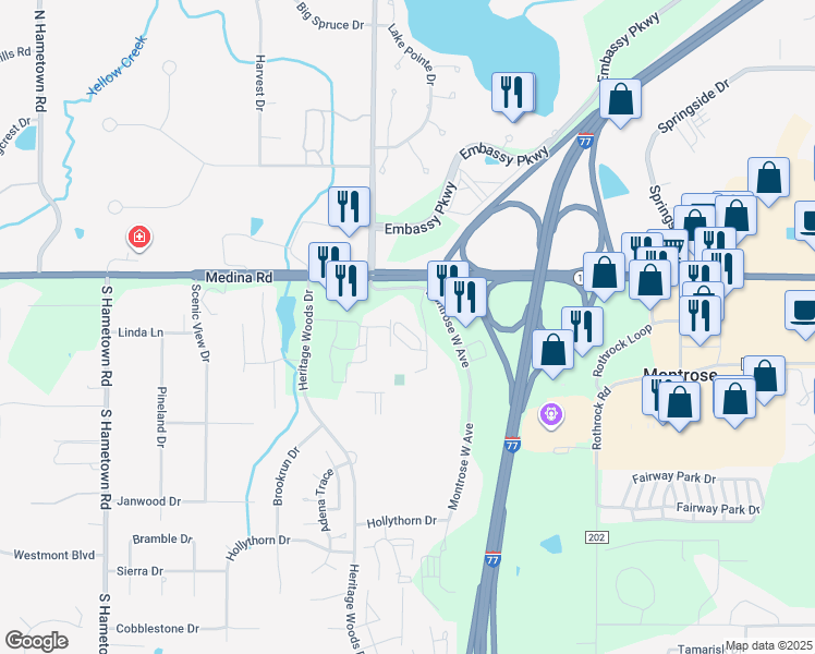 map of restaurants, bars, coffee shops, grocery stores, and more near 40 Hunt Club Drive in Akron