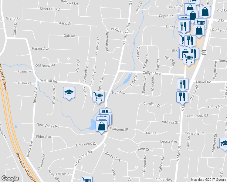 map of restaurants, bars, coffee shops, grocery stores, and more near 6 Hall Avenue in New City