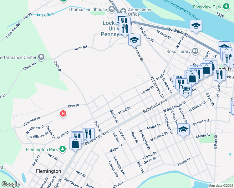 map of restaurants, bars, coffee shops, grocery stores, and more near 481 West 4th Street in Lock Haven