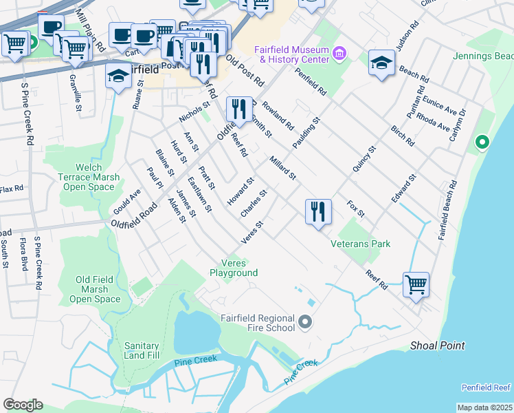 map of restaurants, bars, coffee shops, grocery stores, and more near 77 Charles Street in Fairfield