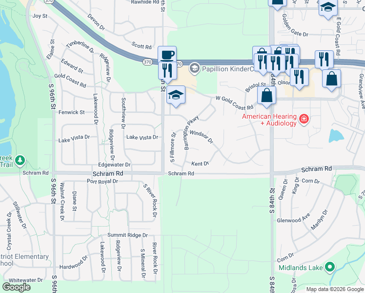map of restaurants, bars, coffee shops, grocery stores, and more near 1706 Barrington Parkway in Papillion