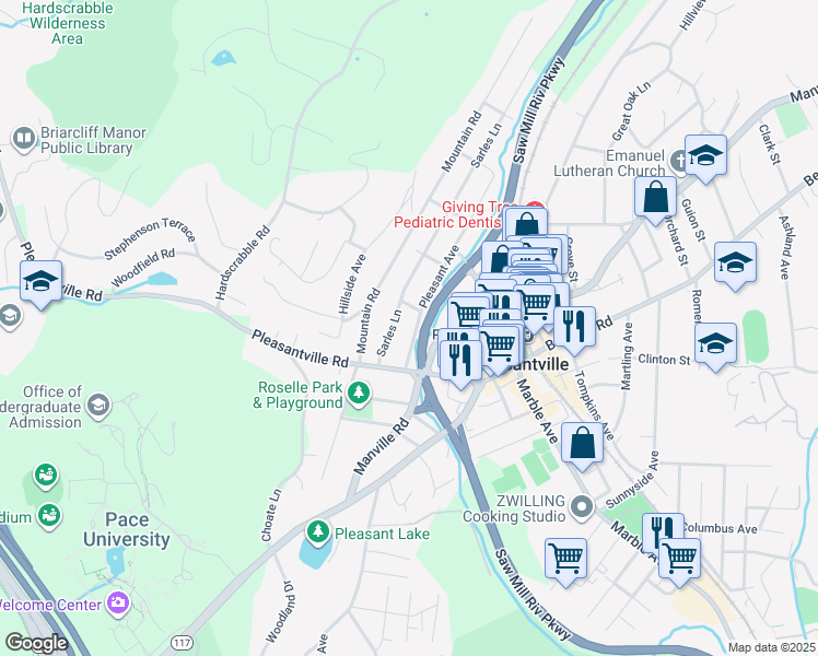 map of restaurants, bars, coffee shops, grocery stores, and more near 41 Sarles Lane in Pleasantville