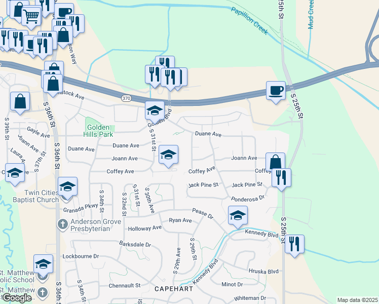 map of restaurants, bars, coffee shops, grocery stores, and more near 11718 South 28th Street in Bellevue
