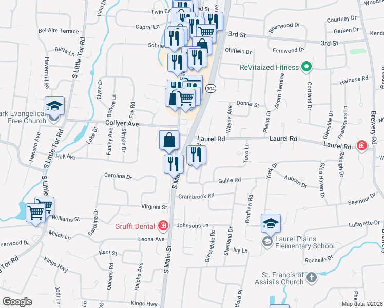 map of restaurants, bars, coffee shops, grocery stores, and more near 350 South Main Street in New City