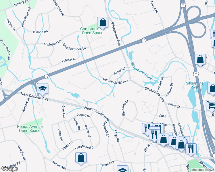 map of restaurants, bars, coffee shops, grocery stores, and more near 21 Comstock Hill Avenue in Norwalk