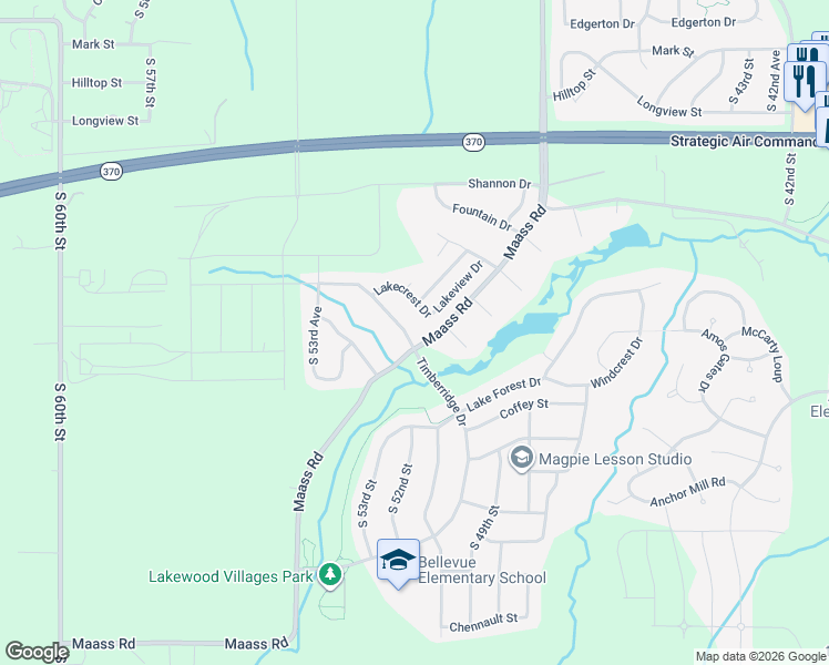 map of restaurants, bars, coffee shops, grocery stores, and more near 5104 Timberridge Drive in Papillion