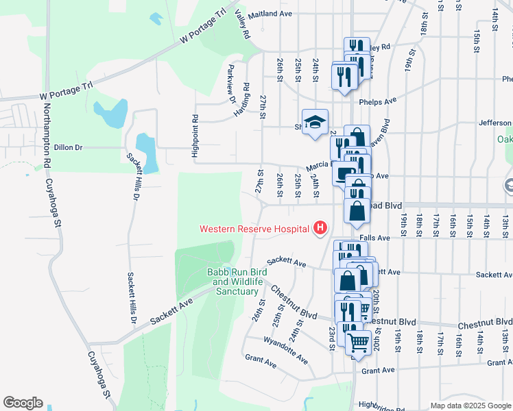 map of restaurants, bars, coffee shops, grocery stores, and more near 2700 Broad Boulevard in Cuyahoga Falls