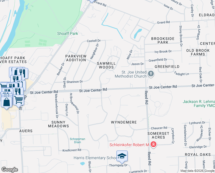 map of restaurants, bars, coffee shops, grocery stores, and more near 5918 Sawmill Woods Court in Fort Wayne