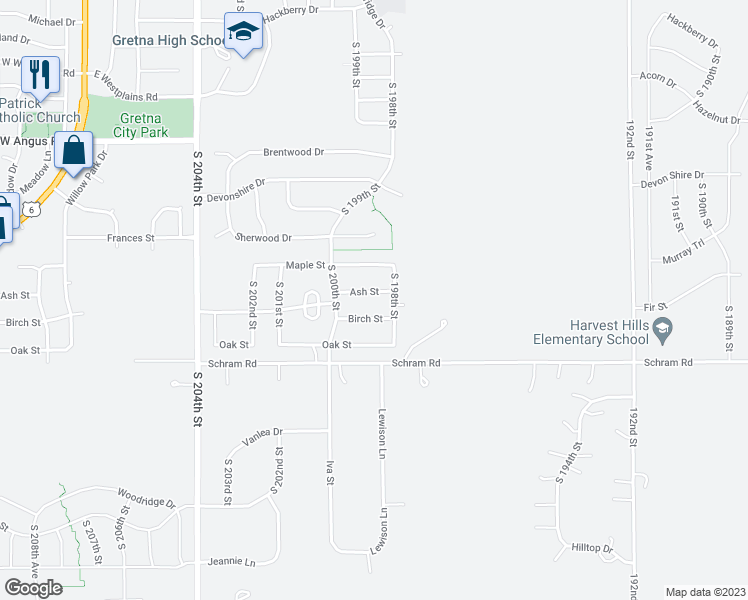 map of restaurants, bars, coffee shops, grocery stores, and more near 19813 Ash Street in Gretna