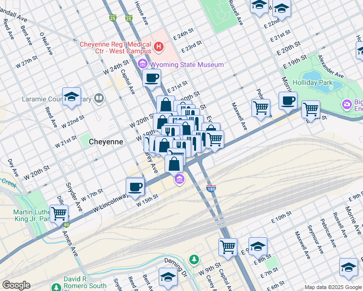 map of restaurants, bars, coffee shops, grocery stores, and more near 118 East 17th Street in Cheyenne