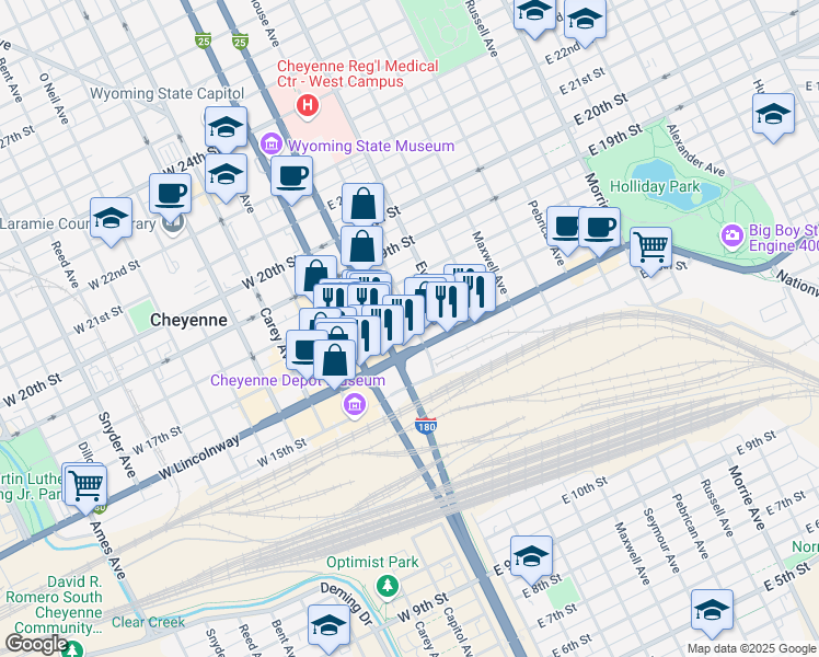 map of restaurants, bars, coffee shops, grocery stores, and more near 1614 House Avenue in Cheyenne
