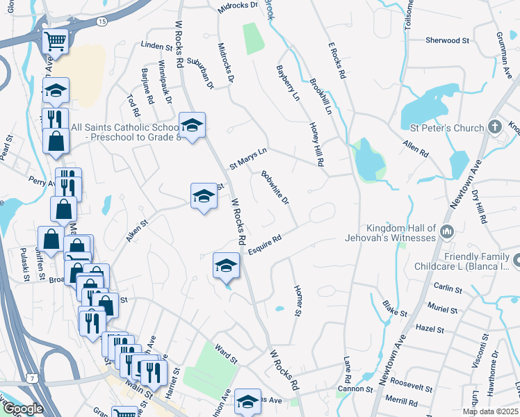 map of restaurants, bars, coffee shops, grocery stores, and more near 14 Crocus Lane in Norwalk