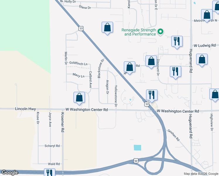 map of restaurants, bars, coffee shops, grocery stores, and more near 6104 Aragon Drive in Fort Wayne
