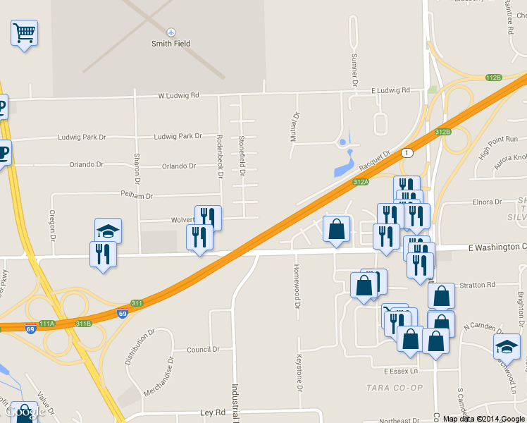 map of restaurants, bars, coffee shops, grocery stores, and more near 508 Wolverton Drive in Fort Wayne