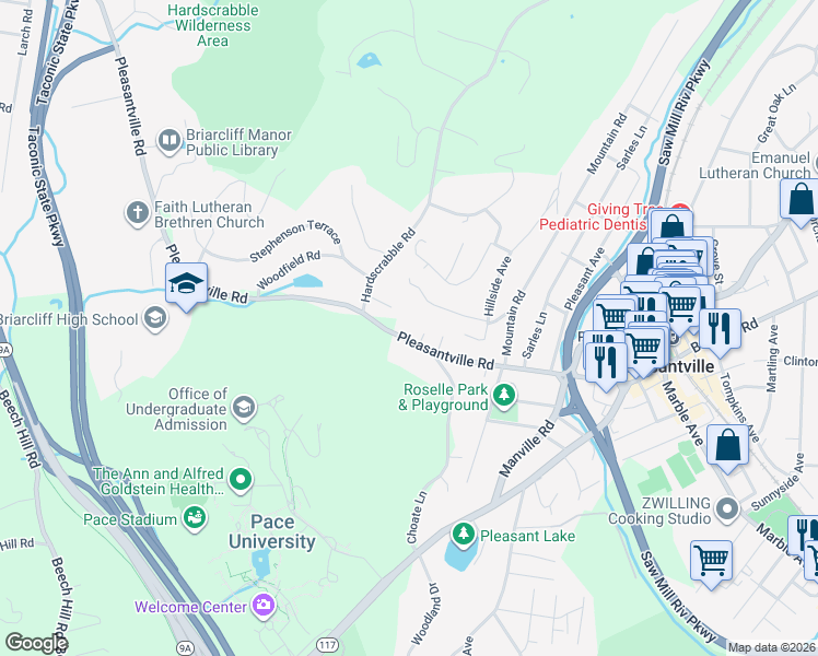 map of restaurants, bars, coffee shops, grocery stores, and more near 265 Pleasantville Road in Pleasantville