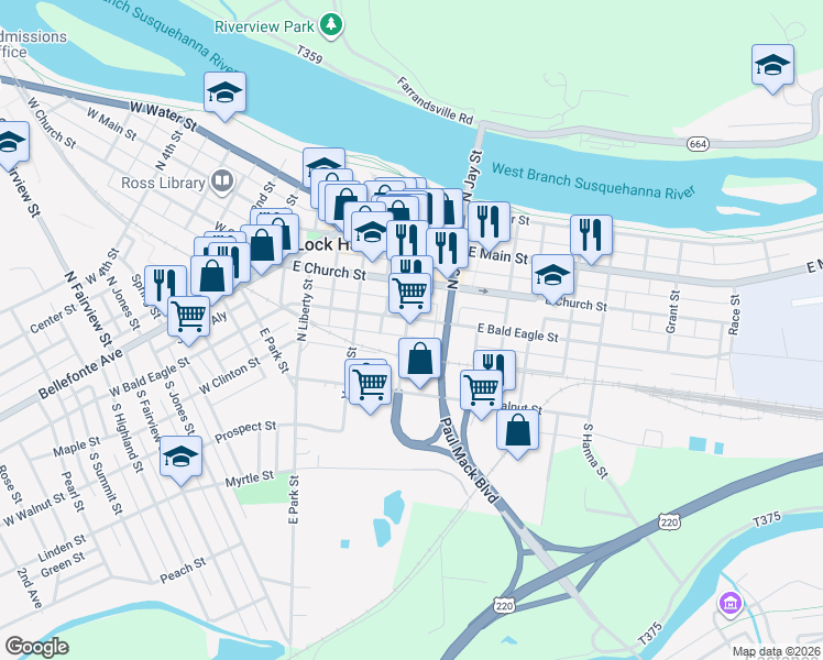 map of restaurants, bars, coffee shops, grocery stores, and more near 20 North Grove Street in Lock Haven