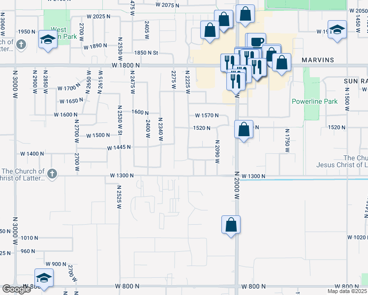 map of restaurants, bars, coffee shops, grocery stores, and more near 1432 North 2275 West in Clinton