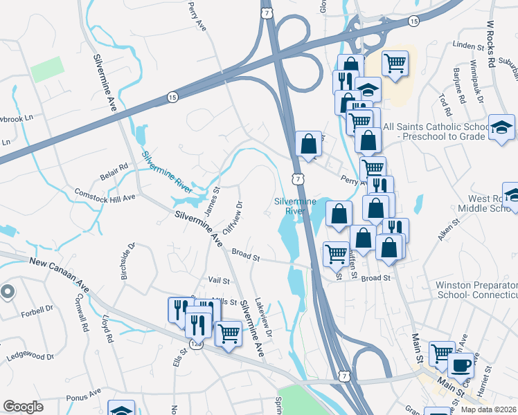 map of restaurants, bars, coffee shops, grocery stores, and more near 28 Riverview Drive in Norwalk