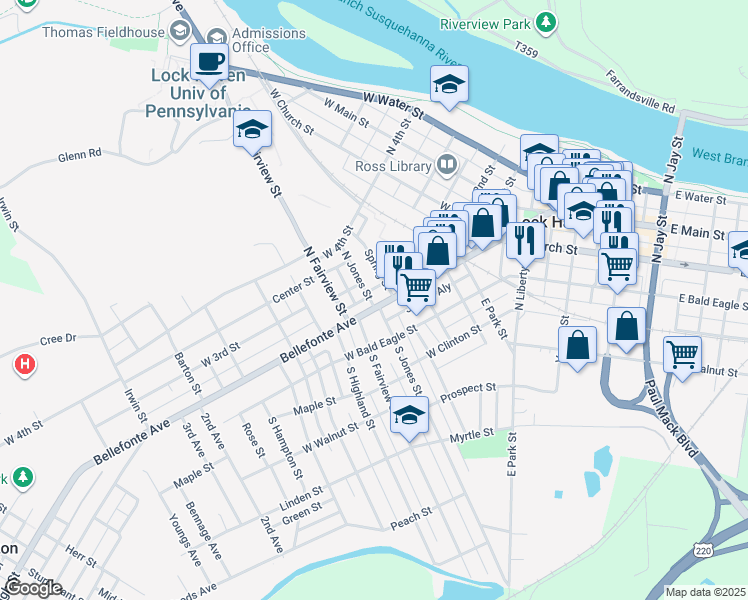 map of restaurants, bars, coffee shops, grocery stores, and more near 445 Bellefonte Avenue in Lock Haven