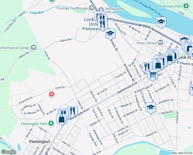 map of restaurants, bars, coffee shops, grocery stores, and more near 473 West 4th Street in Lock Haven