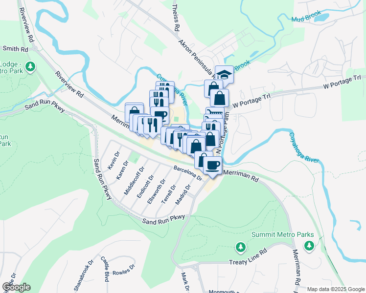 map of restaurants, bars, coffee shops, grocery stores, and more near 1730 Merriman Road in Akron