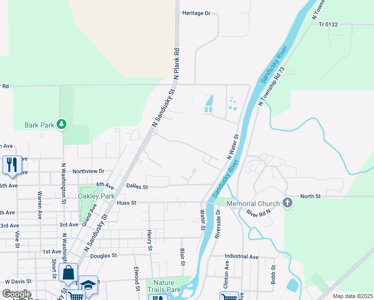 map of restaurants, bars, coffee shops, grocery stores, and more near 652 North Sandusky Street in Tiffin
