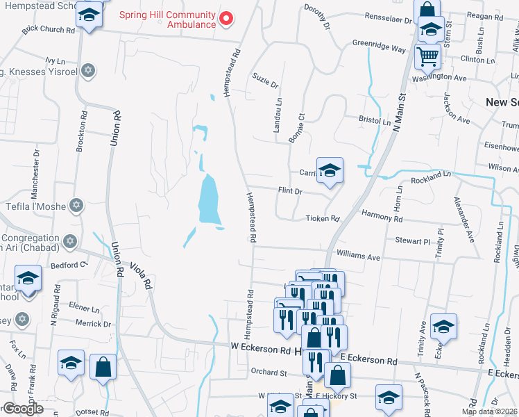 map of restaurants, bars, coffee shops, grocery stores, and more near 66 Hempstead Road in Spring Valley