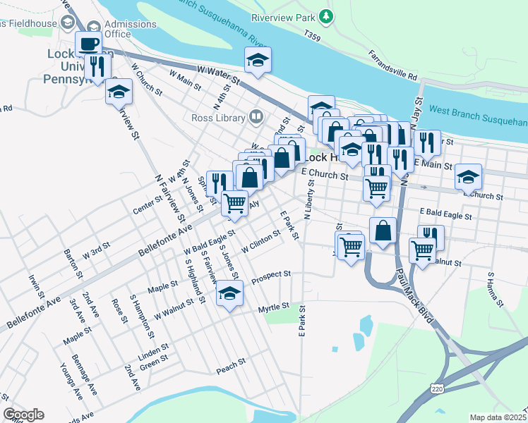 map of restaurants, bars, coffee shops, grocery stores, and more near 33 West Park Street in Lock Haven