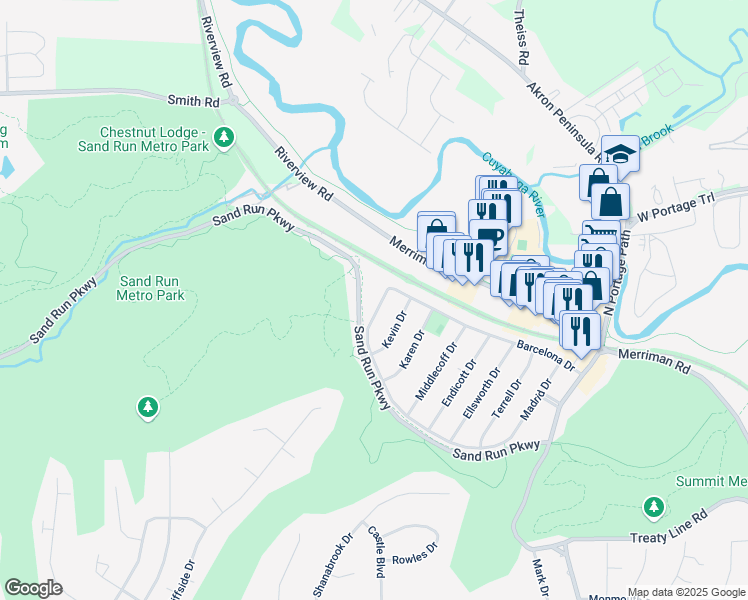 map of restaurants, bars, coffee shops, grocery stores, and more near 1510 Hilton Drive in Akron