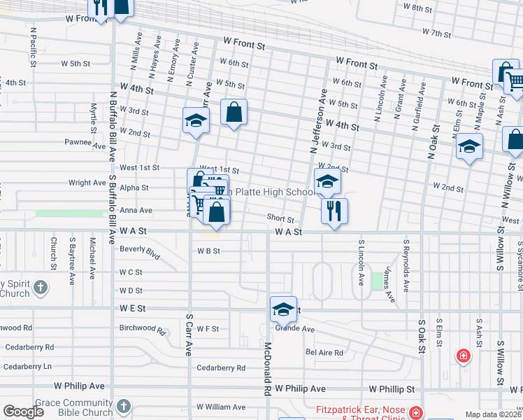 map of restaurants, bars, coffee shops, grocery stores, and more near 1515-1609 Short Street in North Platte