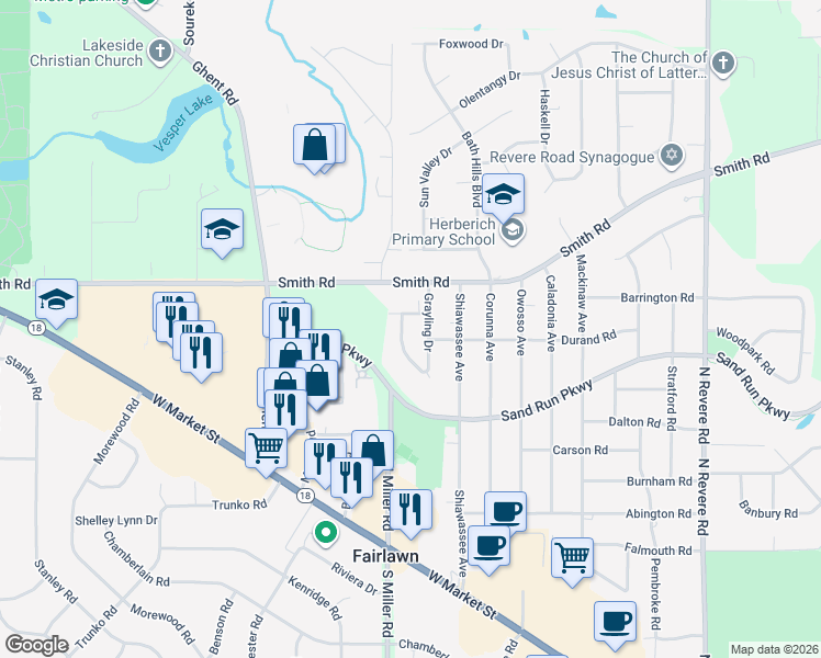 map of restaurants, bars, coffee shops, grocery stores, and more near 203 W Grayling Dr in Fairlawn