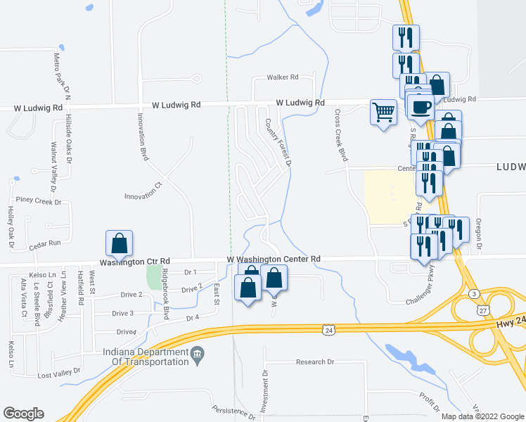 map of restaurants, bars, coffee shops, grocery stores, and more near 61 Country Forest Drive in Fort Wayne