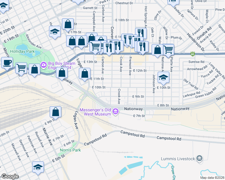 map of restaurants, bars, coffee shops, grocery stores, and more near 921 Converse Ave in Cheyenne