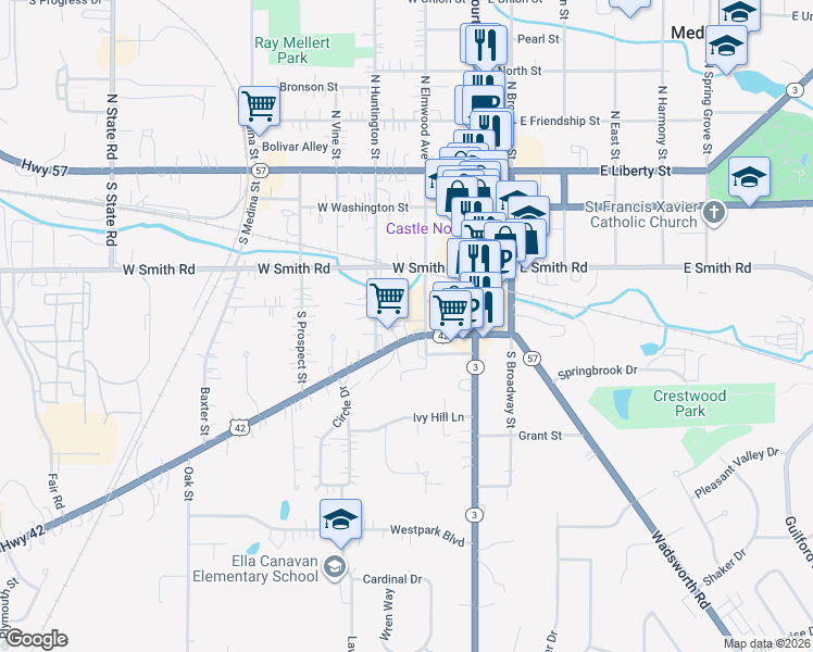map of restaurants, bars, coffee shops, grocery stores, and more near 217 Lafayette Road in Medina