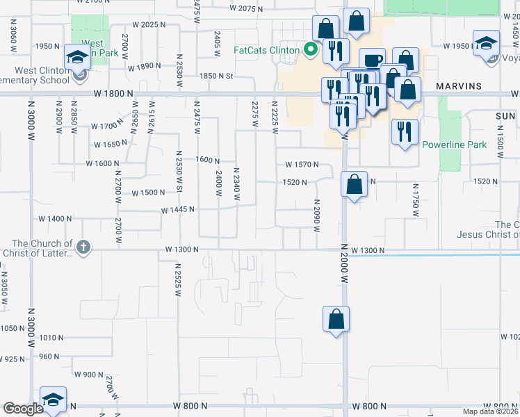 map of restaurants, bars, coffee shops, grocery stores, and more near 1432 N 2275 W in Clinton