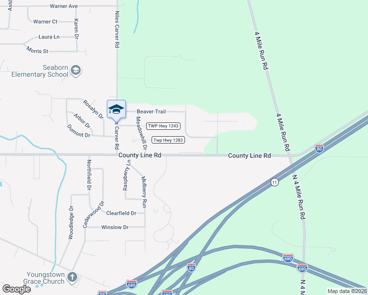 map of restaurants, bars, coffee shops, grocery stores, and more near 1993 East County Line Road in Mineral Ridge