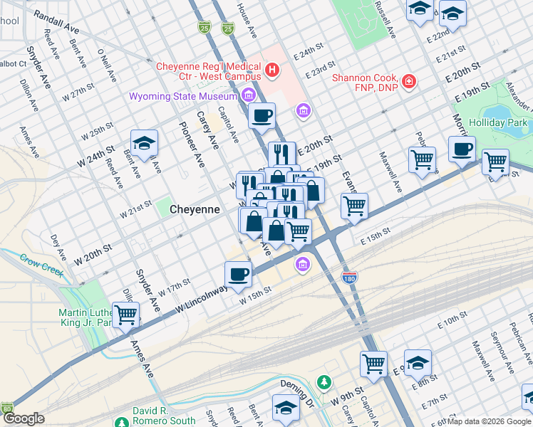 map of restaurants, bars, coffee shops, grocery stores, and more near 204 West 18th Street in Cheyenne